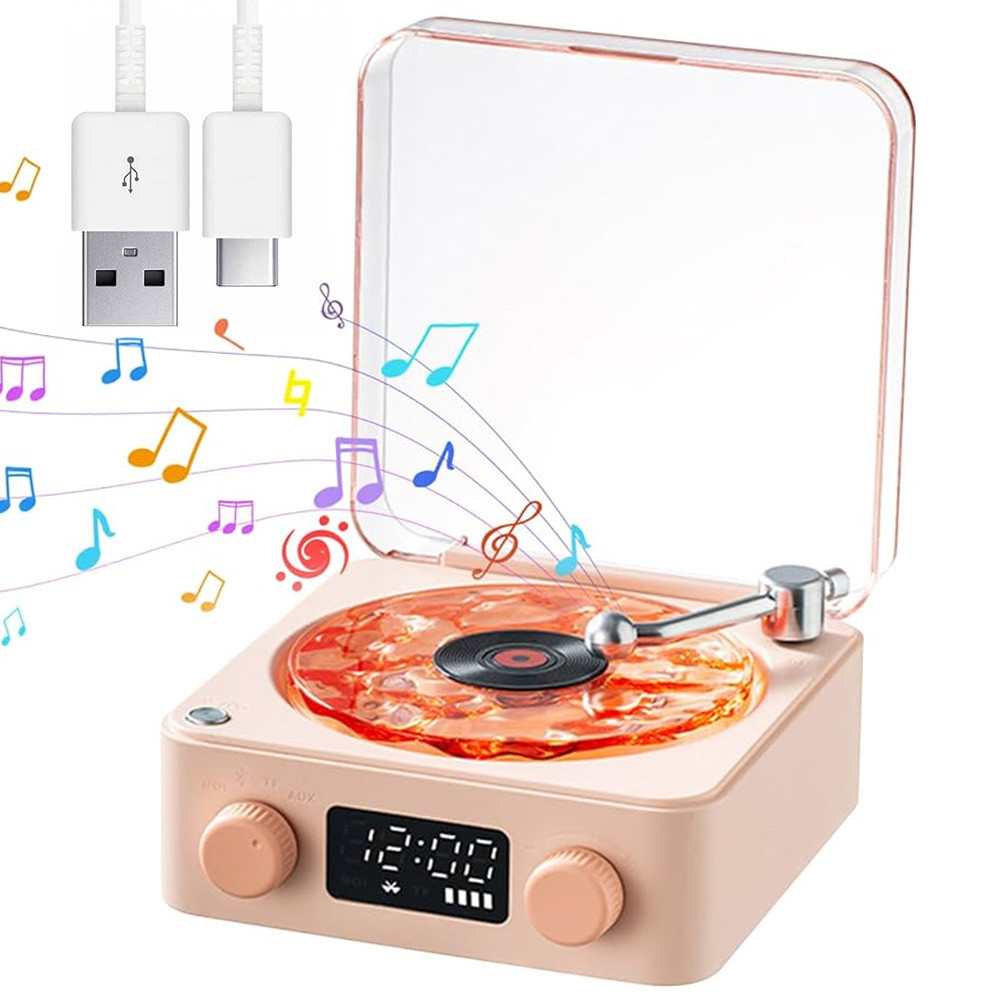 Портативна Bluetooth-колонка з RGB-підсвіткою від USB рожева в стилі вінілового програвача, фото 1