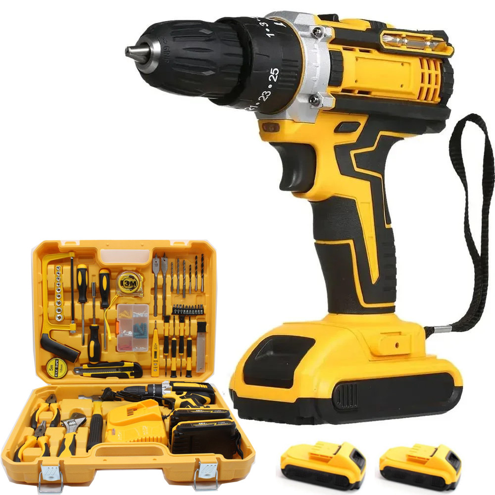 Бездротовий шурупокрут-дриль акумуляторний з набором інструментів і двома АКБ для домашнього ремонту, фото 1