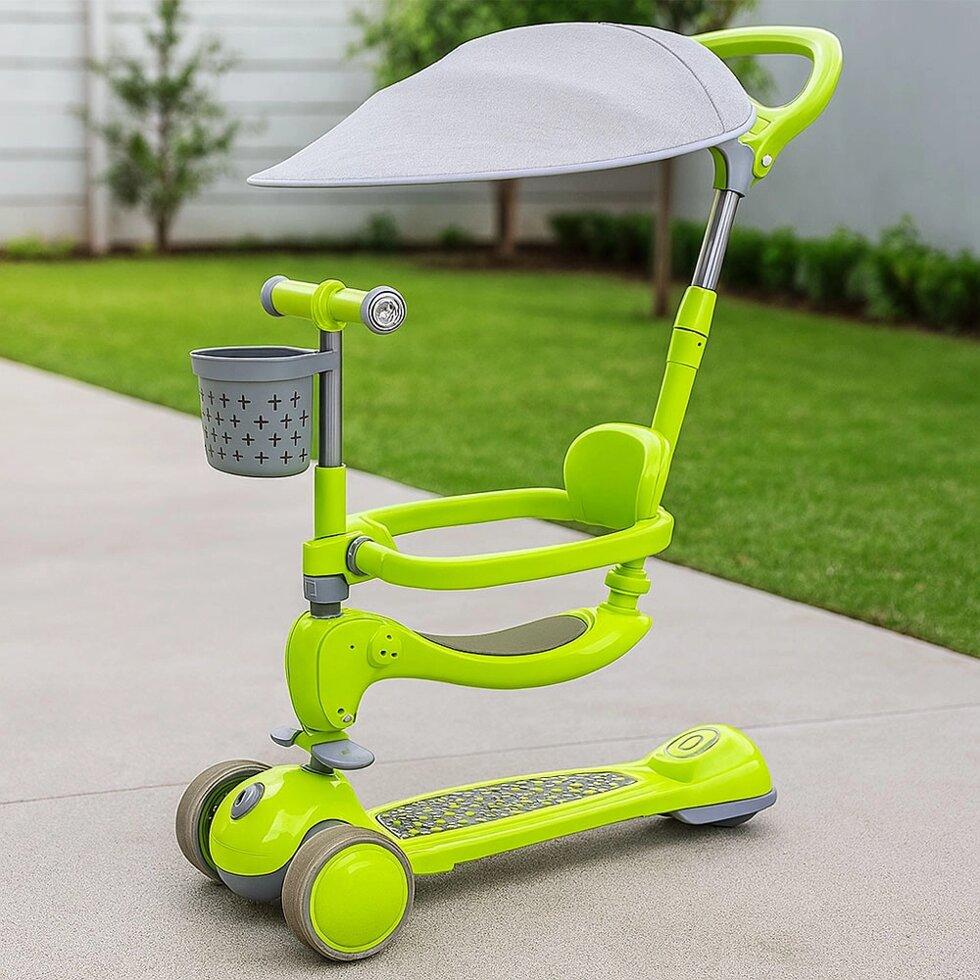 Дитячий самокат із сидінням 5 в 1, до 90 кг, зелений, універсальний для прогулянок та активного відпочинку, фото 1