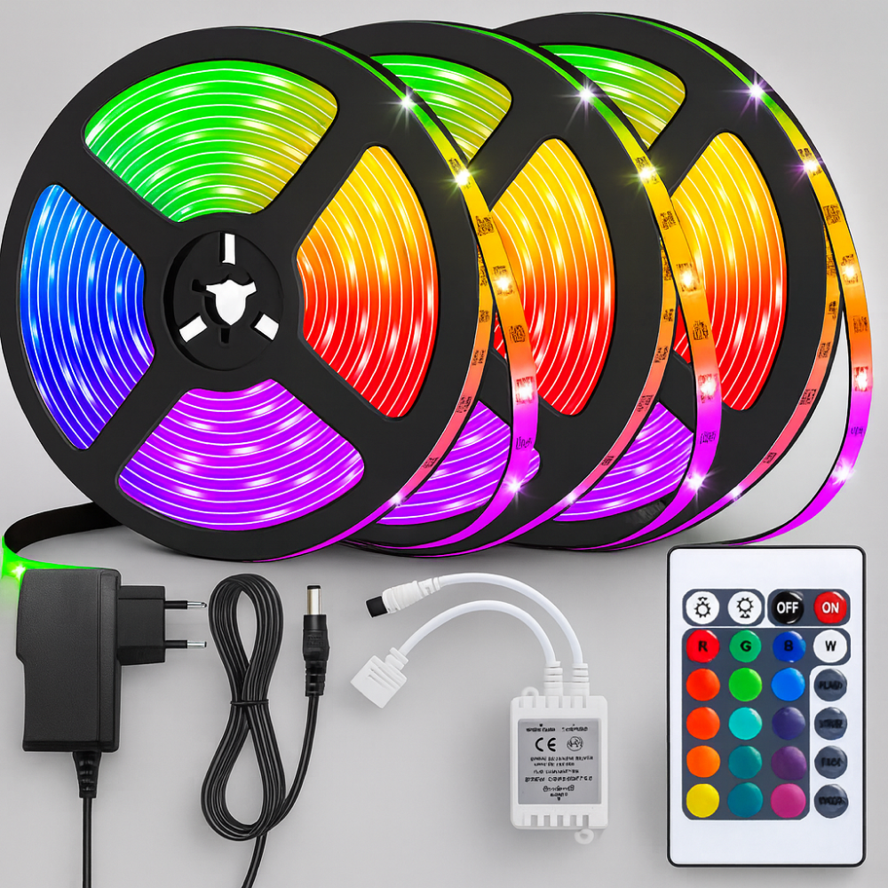 Комплект 3х світлодіодних LED стрічок 5м, 3528 з пультом RGB / Багатобарвне LED підсвічування працює від мережі, фото 1
