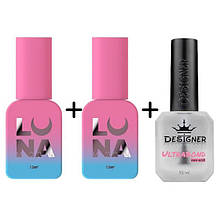 Набір LunaMoon база Rubber base (13мл) + Топ Non Wipe (13мл) без липкого шару + ультрабонд Дизайнер (15мл)