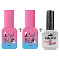 Набір LunaMoon база Rubber base (13 мл) + топ Non Wipe (13 мл) без липкого шару + ультрабонд Дизайнер (15 мл)