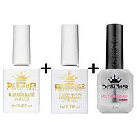 Набір база Rubber base (9мл) + топ Lux top (9мл) з липким шаром + ультрабонд (15мл) Дизайнер