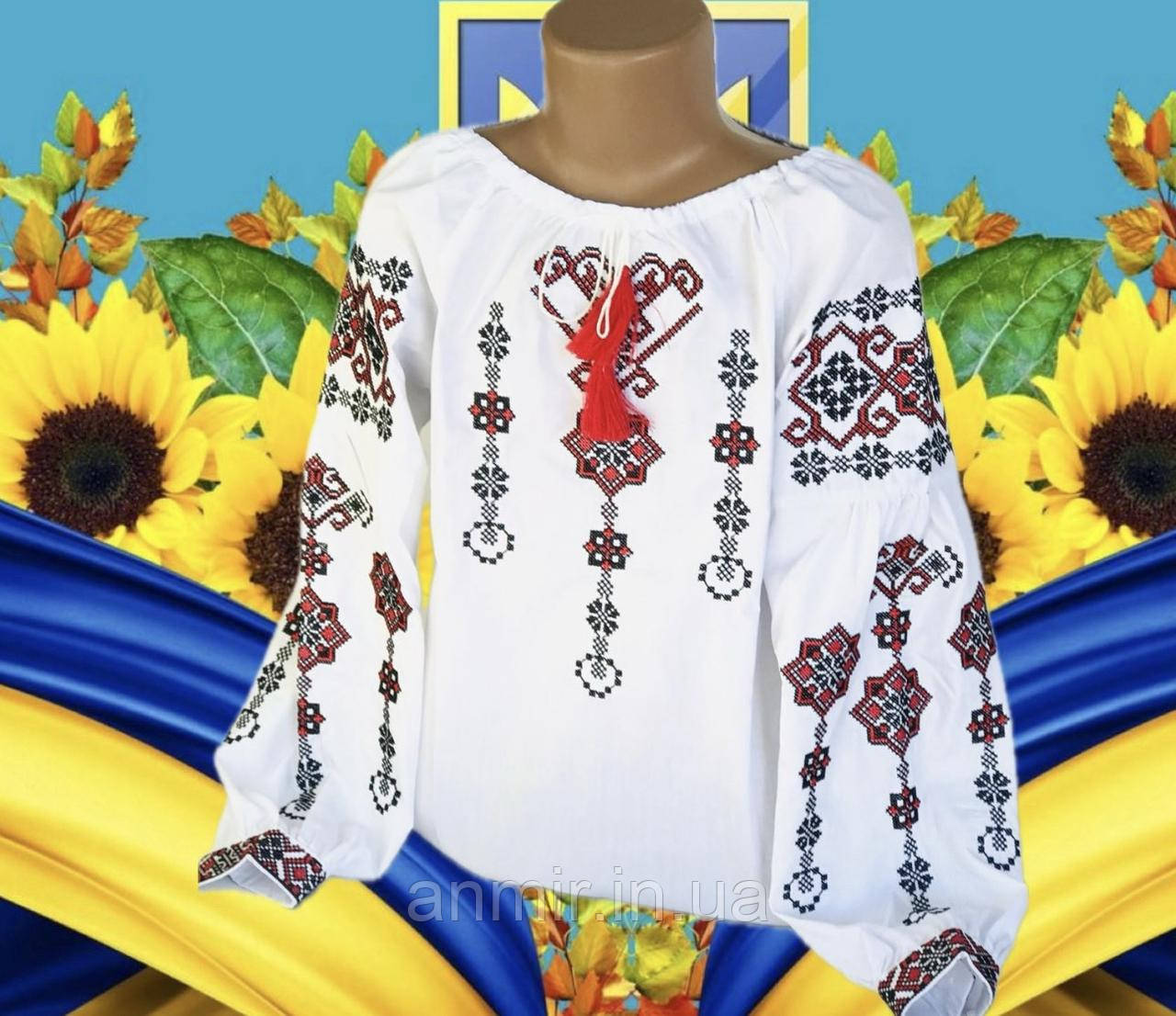 Блузка-вишиванка підліткова поплін для дівчинки 7-11 років, білого кольору