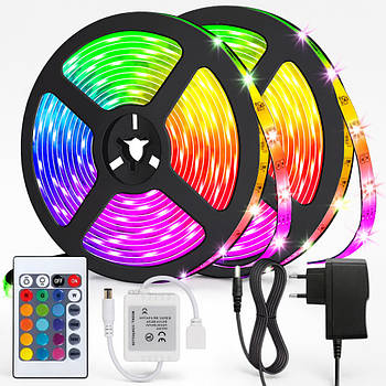 Набір 2 шт Світлодіодна LED стрічка 5м, 12V, RGB 3528 + пульт + блок / Неонова стрічка / Підсвічування в кімнату