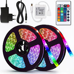 Набір 2 шт Світлодіодна LED стрічка 5м, 12V, RGB 3528 + пульт + блок / Неонова стрічка / Підсвічування в кімнату
