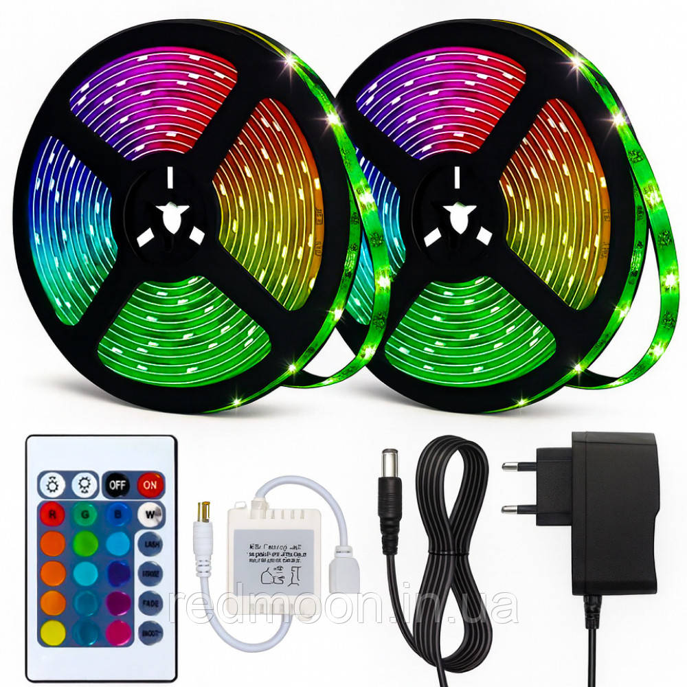 Набір 2 шт Світлодіодна LED стрічка 5м, 12V, RGB 3528 + пульт + блок / Неонова стрічка / Підсвічування в кімнату, фото 1