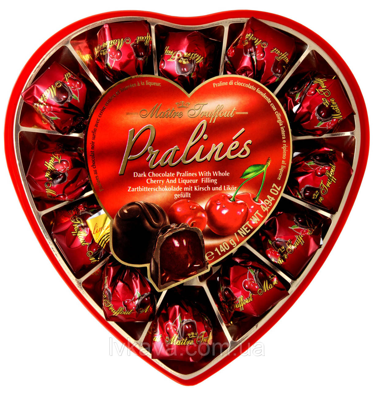 Цукерки праліне Pralines dark chocolate with cherry with liqueur Maitre Truffout , 140 гр