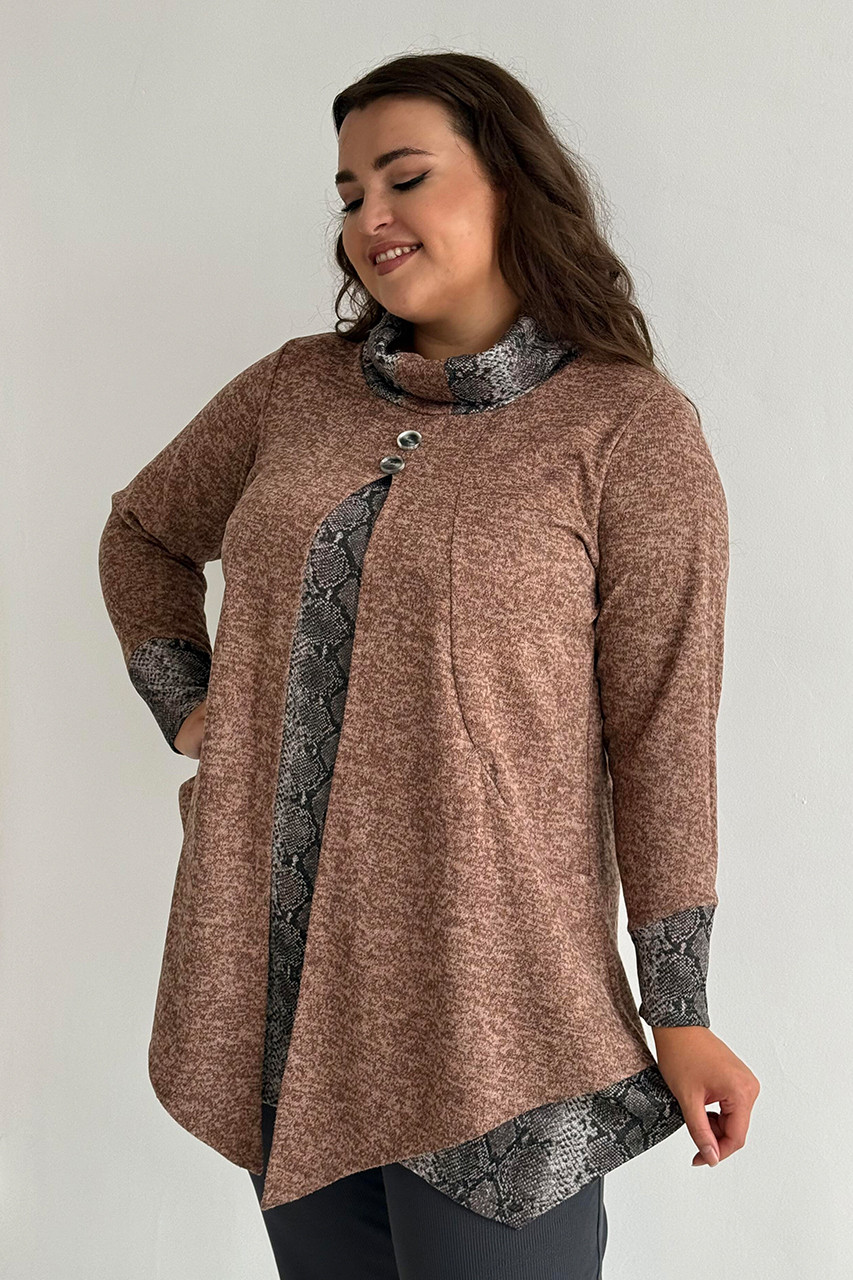 Жіноча туніка батал з кишенями великі розміри 52-66 осіння коричнева стильна