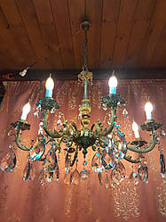 Антикварна бронзова люстра на 8 ріжків з кришталем і новими лампочками