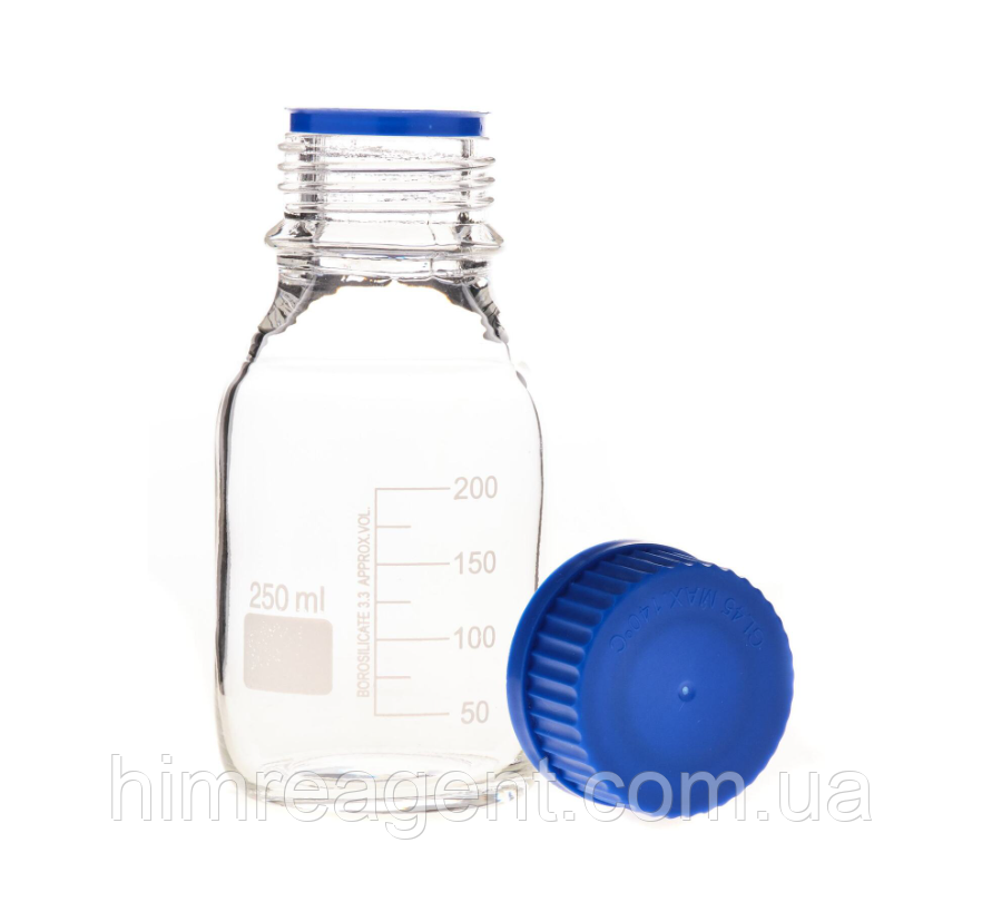 Бутель лабораторний (250 мл.) з гвинтовою кришкою та градуюванням / Світле боросилікатне скло, фото 1