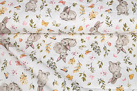 Сатин-твіл Зайчики з жовтими квіточками, рожевими пташками