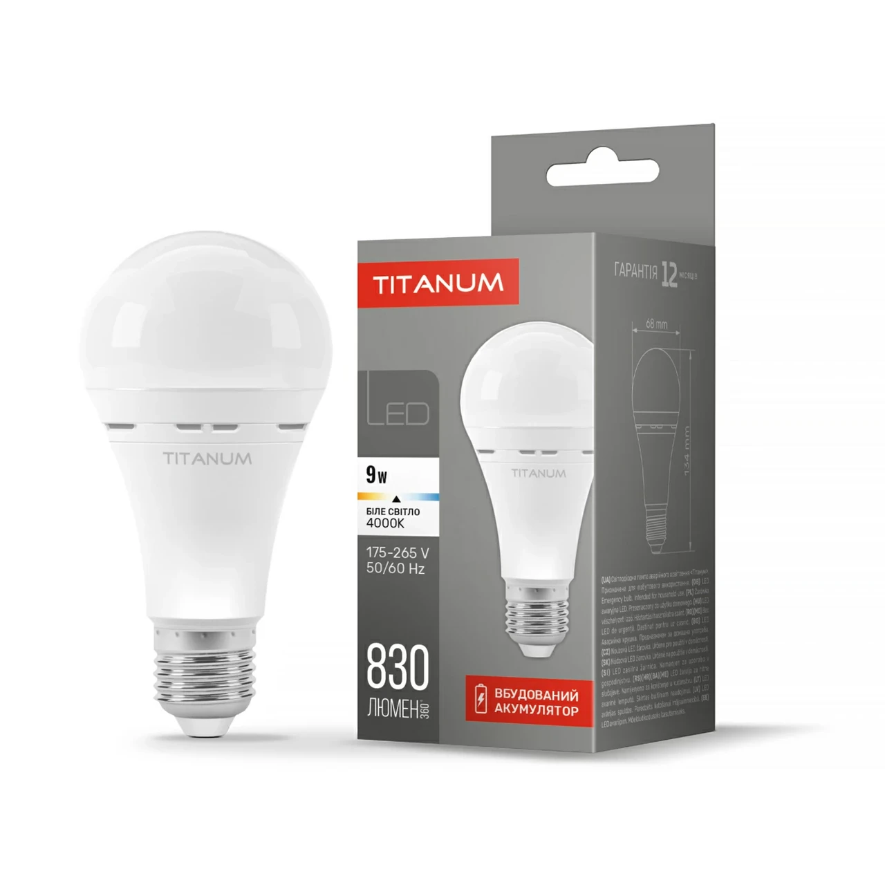 Світлодіодна акумуляторна LED лампа LED Titanum A68 9W E27 4000K TL-EMA68-09274