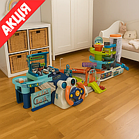 Парковка автотрек з кермом і важелем T 103-55 Y Паркінг гараж з ліфтом для дитячих машинок Трек для дітей