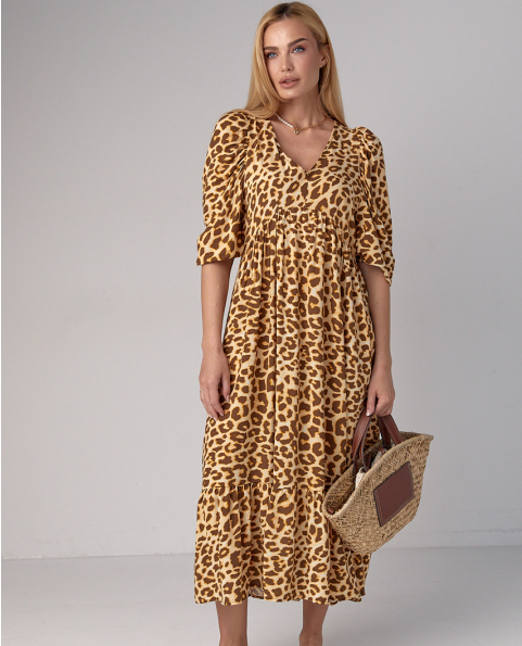 Літня жіноча сукня міді з леопардовим принтом світло коричнева пряма сукня з воланом розмір М, фото 1