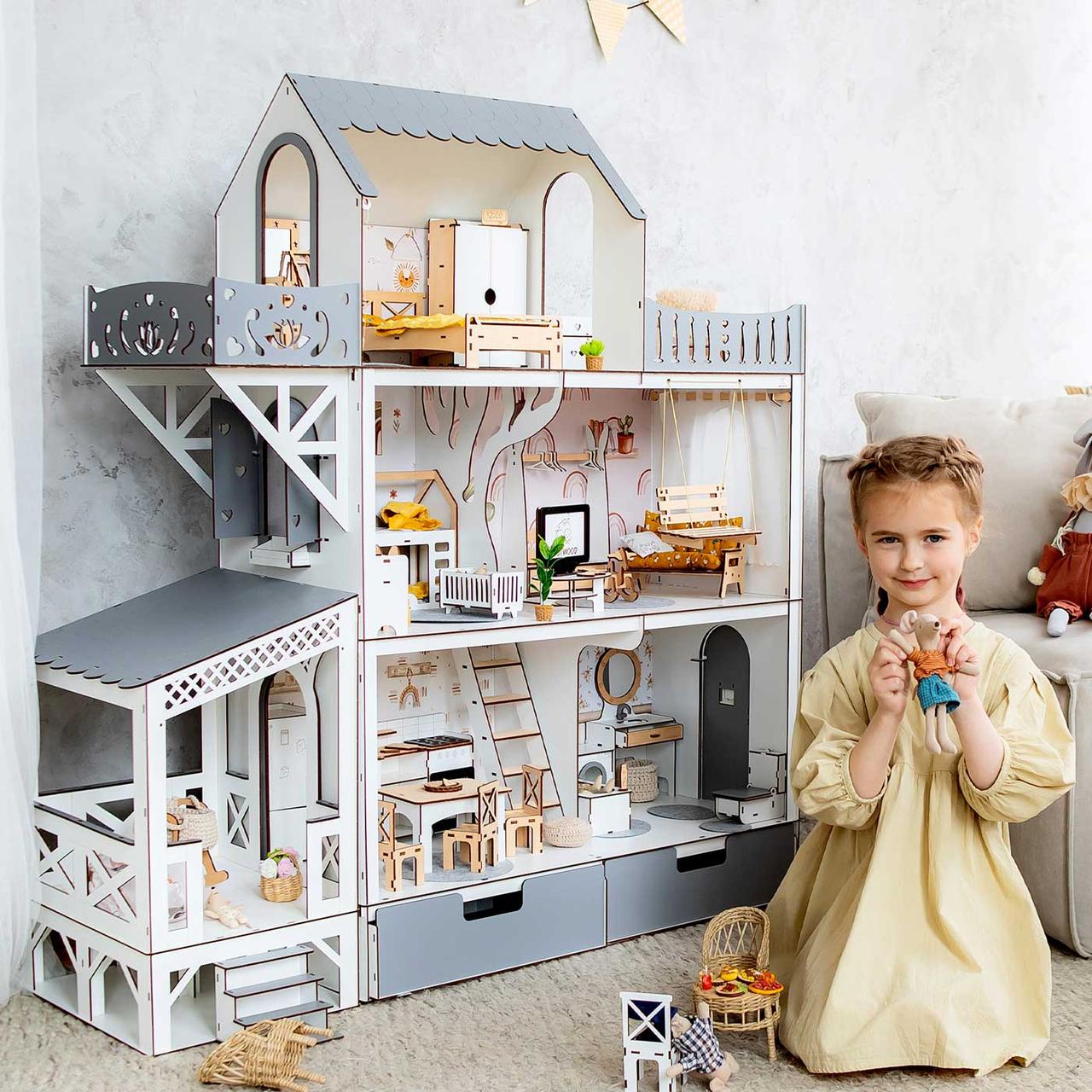 "ЛЮКС тераса+балкон ЕКО" ляльковий будиночок NestWood для Барбі + вітальня, фото 1