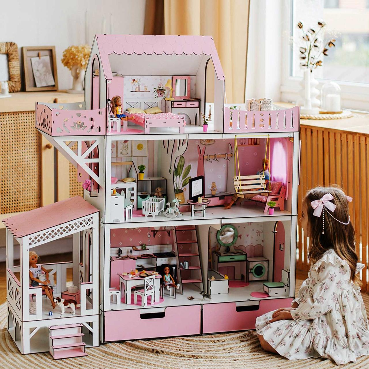 "ЛЮКС тераса+балкон" ляльковий будиночок NestWood для Барбі, рожевий + вітальня, фото 1