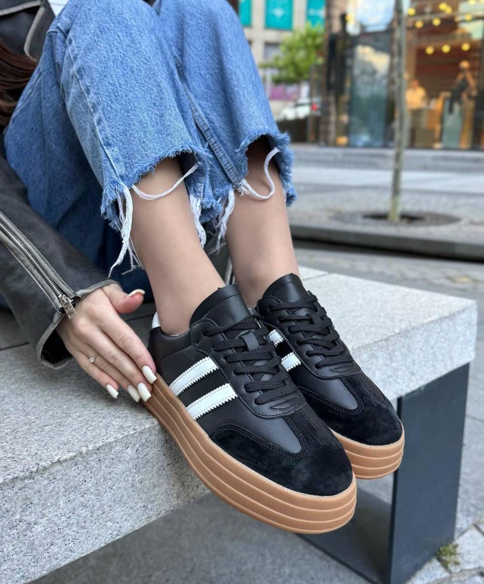 Жіночі кеди на широкій підошві молодіжніі чорні натуральна шкіра/замша, фото 1