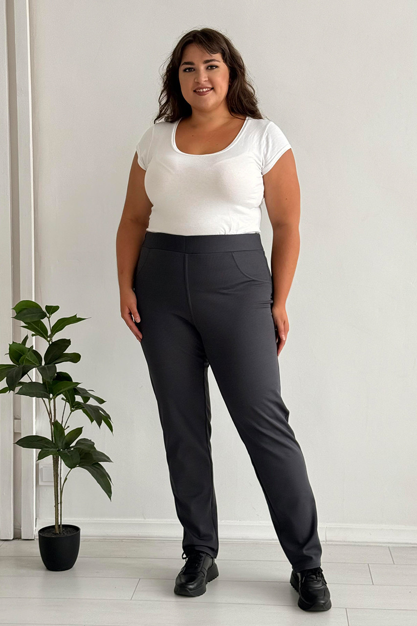 Сірі жіночі штани для повних теплі рубчик із флісом без застібок висока посадка