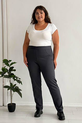 Сірі жіночі штани для повних теплі рубчик із флісом без застібок висока посадка, фото 1