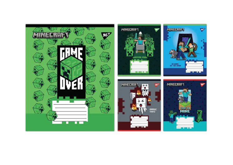 Зошити шкільні кольорові в косу лінію 12 аркушів YES Minecraft Walls Зошит шкільний 12 аркушів коса лінія, фото 1