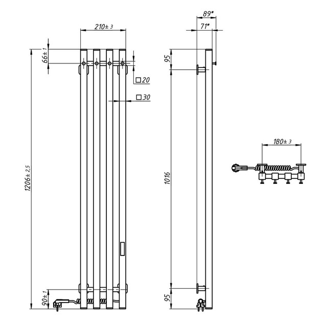Габаритні розміри електричної рушникосушки Flyme EF Levante Габаритні розміри електричної рушникосушки Flyme EF Levante