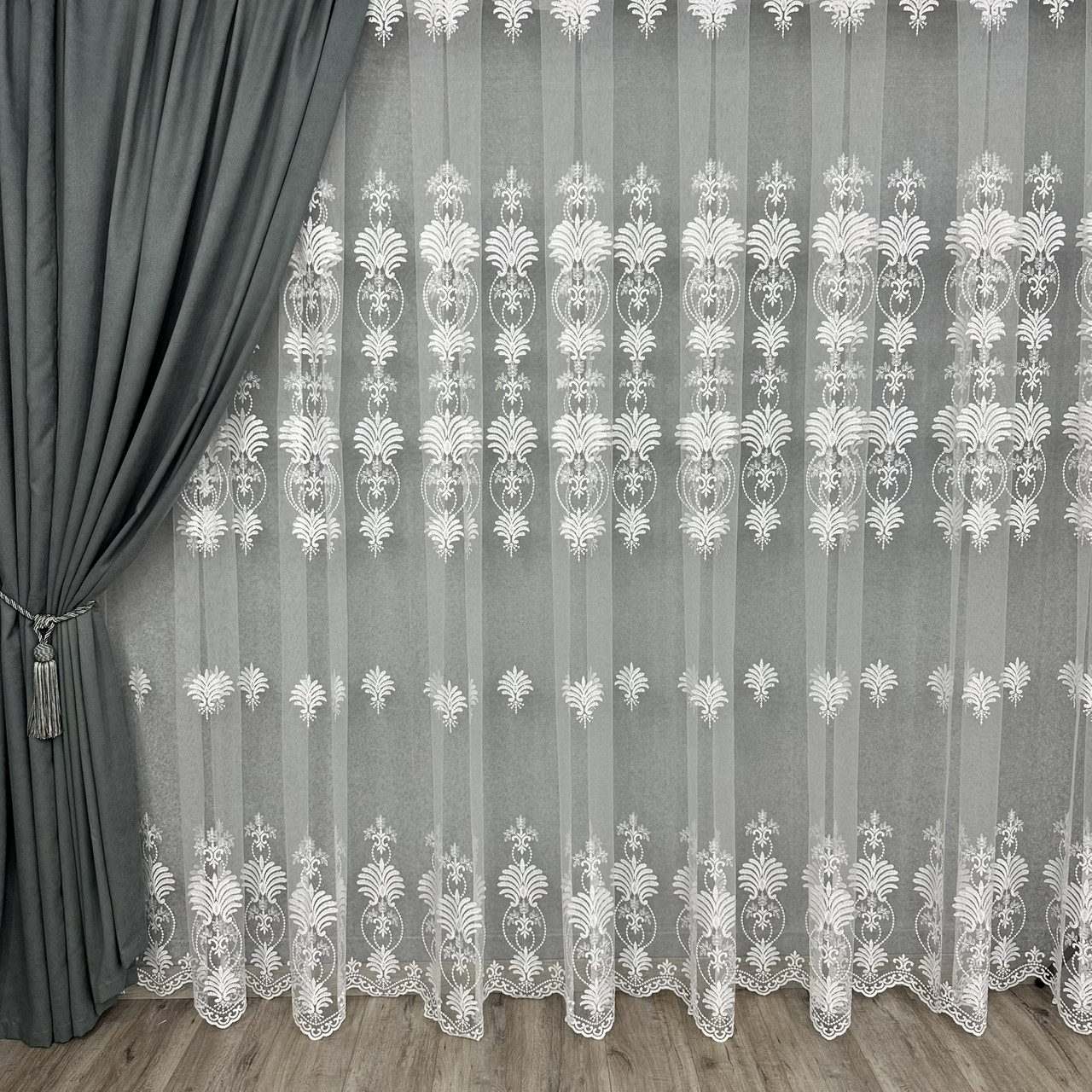 Фатиновий тюль з густою вишивкой №9783 біла оптом