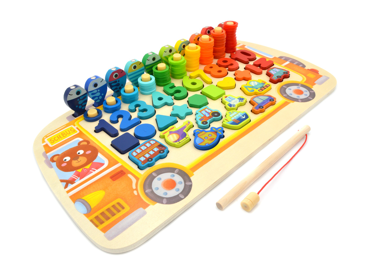 Логічна дерев'яна дошка 38512 сортер риболовля цифри форми кольори транспорт, фото 1