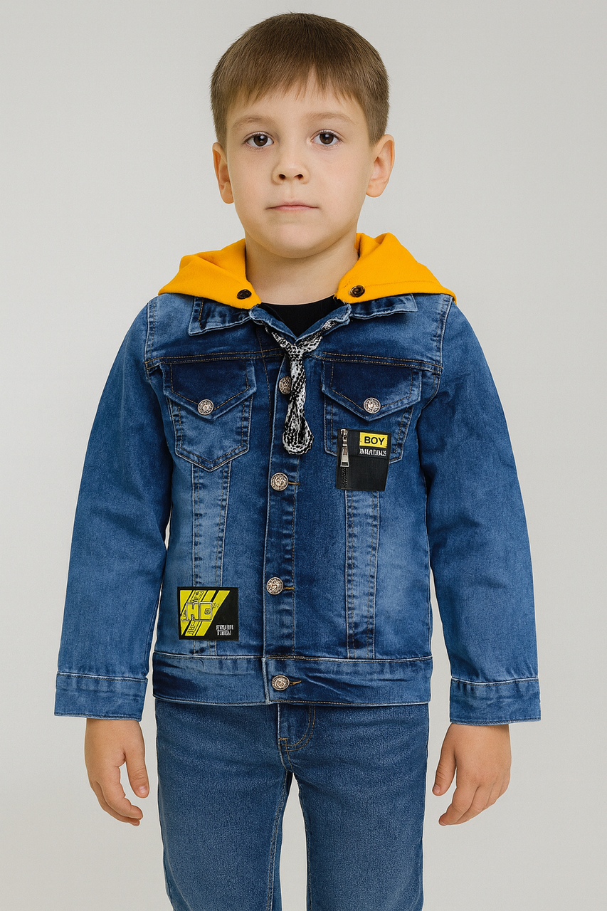 Легка дитяча джинсова куртка Panda з капюшоном, Туреччина, 4–10 років,116, Синій з жовтим, фото 1