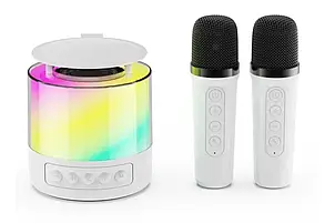 Портативна колонка K19 Bluetooth з LED-підсвіткою, 2 мікрофони, біла, караоке