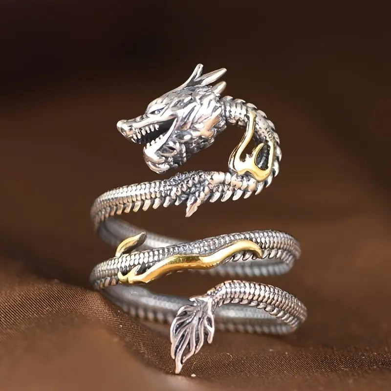 Каблучка у формі дракона срібляста вінтажний персоналізований дизайн розмір регульований AurumLux012, фото 1