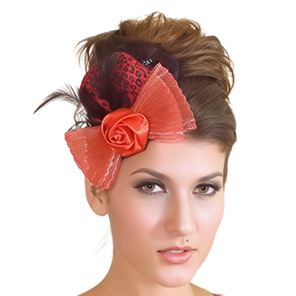 Капелюшок-таблетка з леопардовим візерунком, пір'ям, бантом із сітки та атласною трояндою, на шпильці, червоно-чорна, фото 1