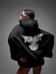 Жіноче об'ємне тепле худі з накаткою на спині чорного кольору з тринитки на флісі в р.42/46