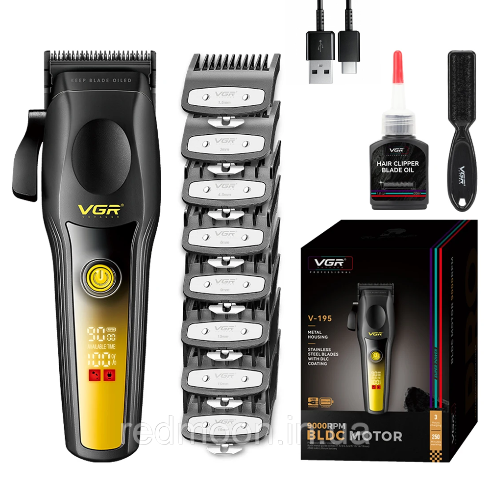 Акумуляторний триммер для волосся + 8 насадок, 9000 об/хв, 2500 mAh, V-195, Золотий / Машинка для стрижки, фото 1