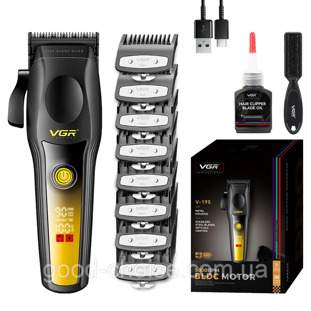 Акумуляторний триммер для волосся + 8 насадок, 9000 об/хв, 2500 mAh, V-195, Золотий / Машинка для стрижки, фото 1