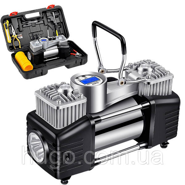 Автомобільний двопоршневий компресор 12В + 3 насадки / Автокомпресор для підкачування шин, фото 1