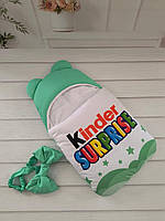 Теплий спальник для новонароджених, принт Kinder, білий з м'ятним