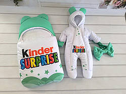 Зимовий комбінезон + спальник для новонароджених, принт Kinder, білий з м'ятним