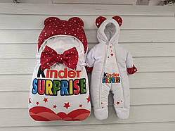 Зимовий комбінезон + спальник для новонароджених, принт Kinder, червоний з глітером