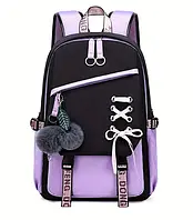 Рюкзак портфель шкільний з помпонами для дівчинки підлітковий в стилі 44х31х15 см, фіолетови