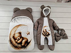 Зимовий комбінезон + спальник для новонароджених, принт Ведмедик на місяці, коричневий