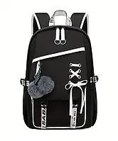 Рюкзак портфель шкільний з помпонами для дівчинки підлітковий в стилі, 44х31х15 см, чорний