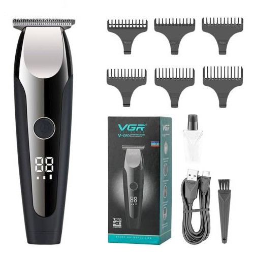 Тример VGR V-059 (6 насадок: 1/2/3/4/5/6 мм, LED-дисплей, вбуд. акум.), тример для вусів і бороди