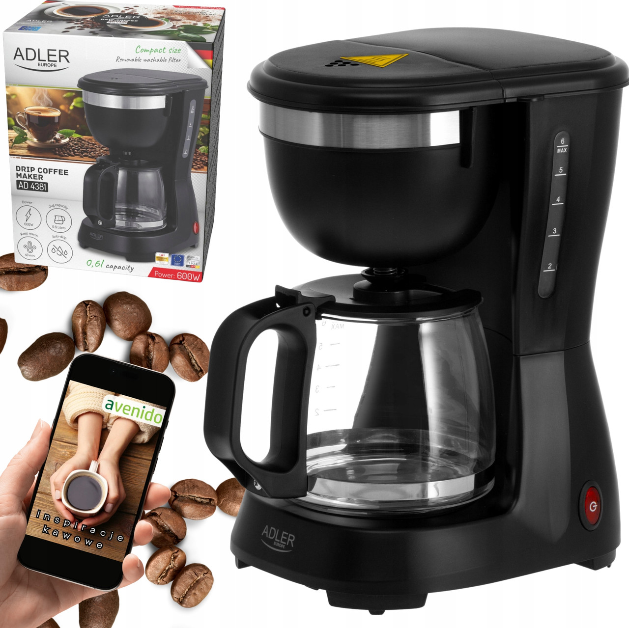 Крапельна кавоварка Adler AD 4381 Black — 600 Вт, 0,6 л, функція підігріву, фото 1