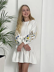 Сукня біла для дівчаток з вишитими рукавами з тканини костюмний-креп розміри 140