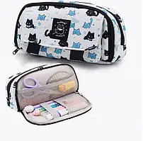 Пенал шкільний з чорними аніме котиками косметичка місткий на 3 відділення 21х11х7 см, білий