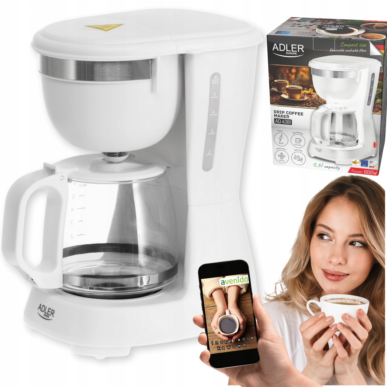 Крапельна кавоварка Adler AD 4381 white — 600 Вт, 0,6 л, функція підігріву, фото 1