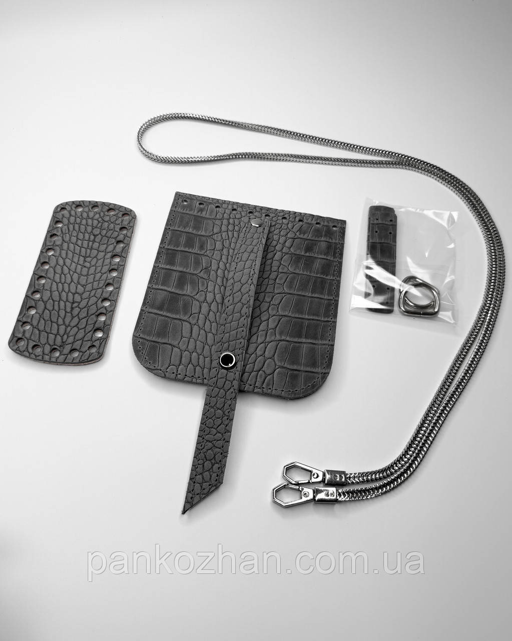 Набір шкіряної фурнітури для МК Mini Bag рептилія мат сірий , натуральна шкіра, фото 1