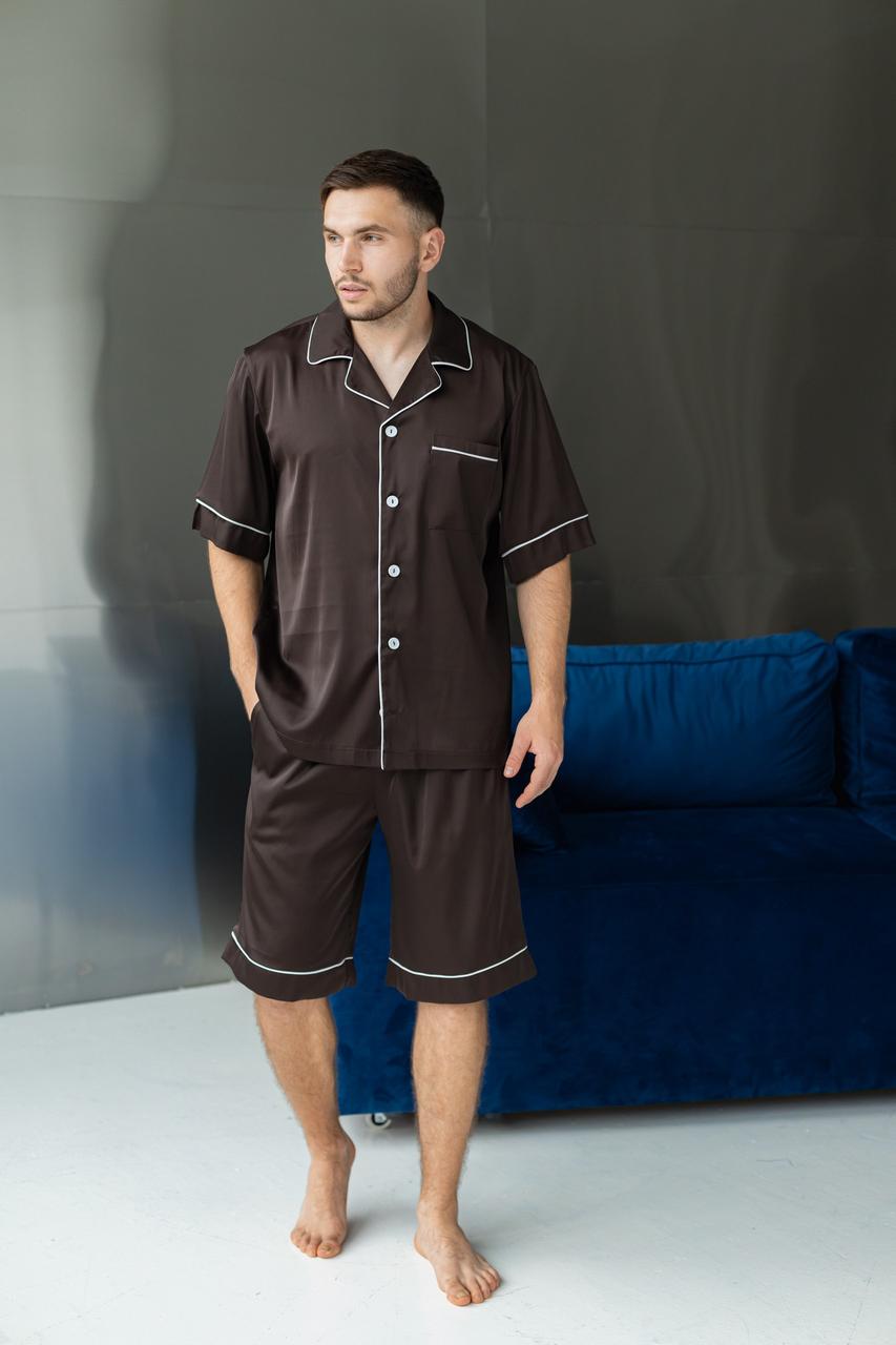 Піжама чоловіча ШОВКОВА з шортами та сорочкою КОРИЧНЕВА ШОКОЛАД BRAND 201140/201141, фото 1