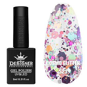 Гель-лак для манікюру Cosmo Glitter Дизайнер (з різнокольоровим глітером різного розміру), 9 мл Різнокольоровий з фіолетовим №523
